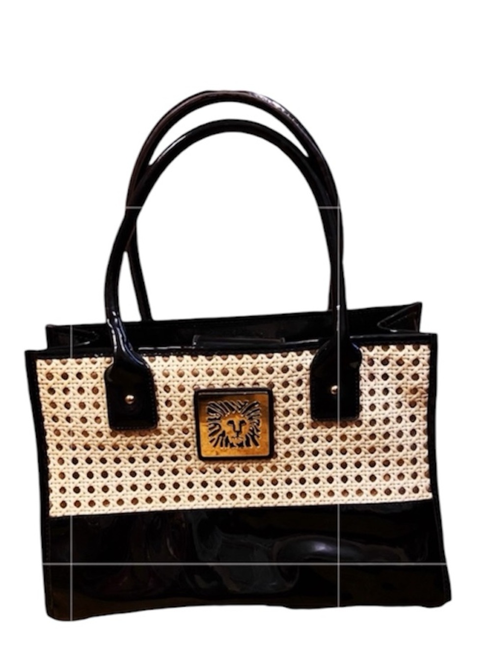 Ann Klein Wicker & Black Patent Leather Handbag